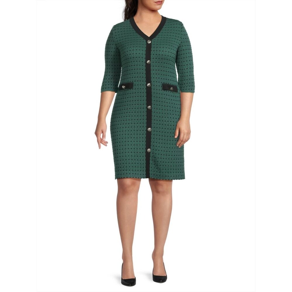 NWT Ming Wang V-Neck Knit Sheath in Forest Veridian Black Knit Dress XL